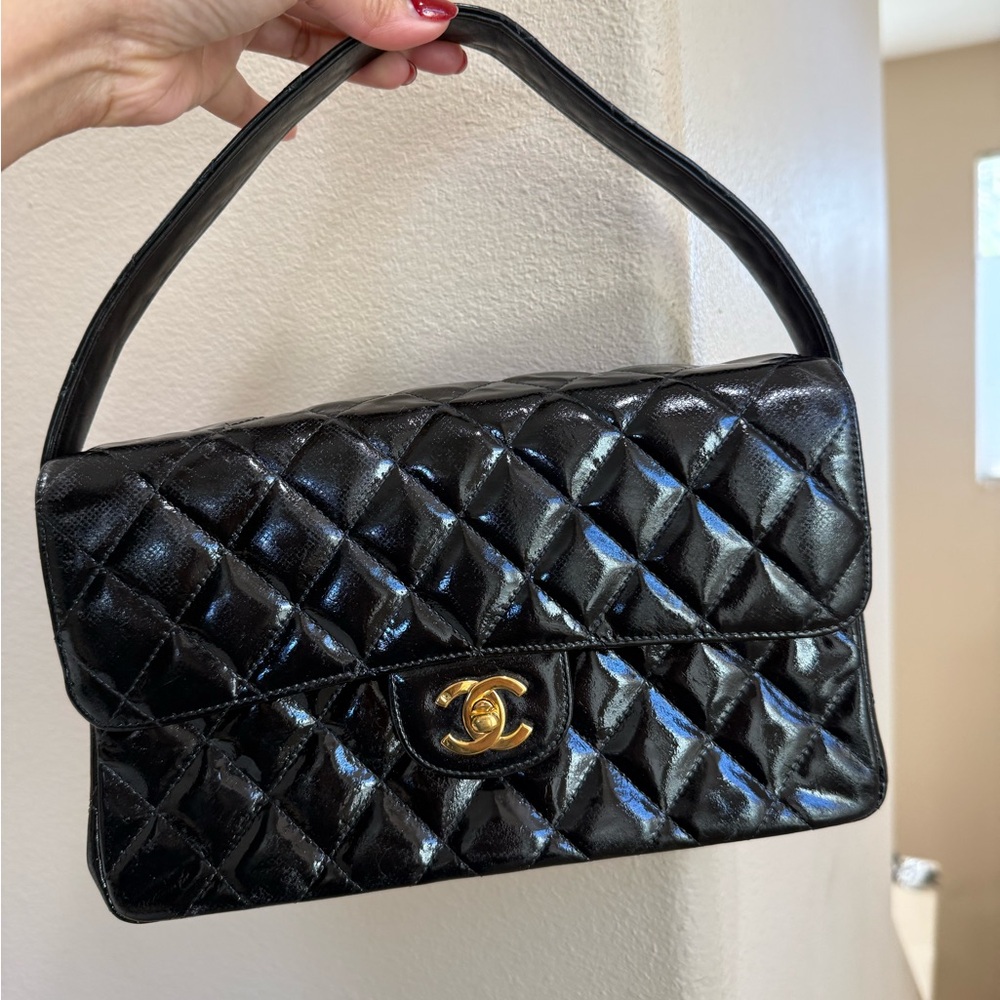 Chanel Double Flap black Patent Quilted Shoulder Bag
